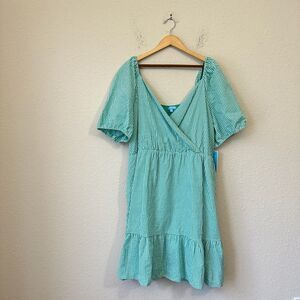 NWT DRAPER JAMES Wrap Short Dress Puff Sleeve in Gingham Check Teal White